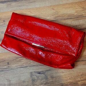 GOLDENBLEU Red Patent Leather/Leather Fold Over Magnet Closure Clutch Bag